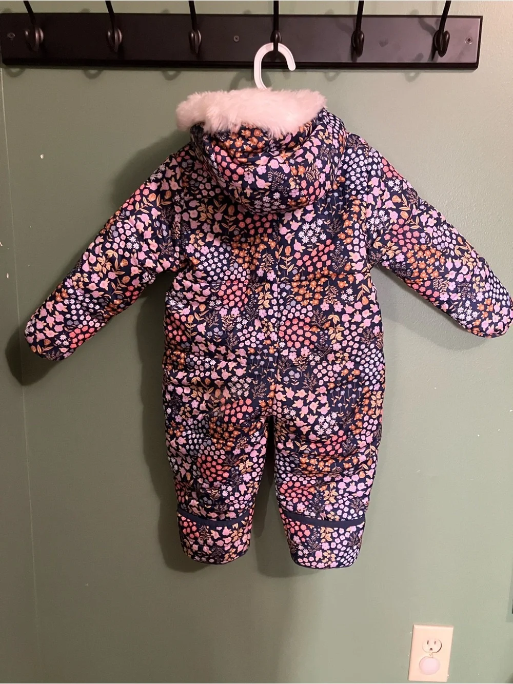 Carter's Navy Floral Hooded One-Piece Footie with Faux Fur Trim